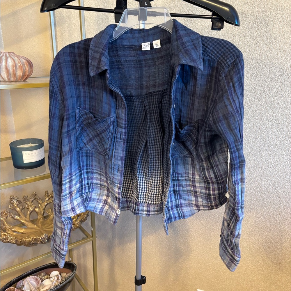 Melrose‎ and Market Cropped Plaid Flannel Button Up Shirt XS Blue Patchwork